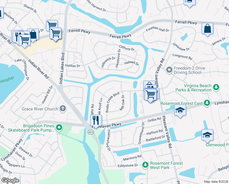 map of restaurants, bars, coffee shops, grocery stores, and more near 1461 Bridle Creek Boulevard in Virginia Beach