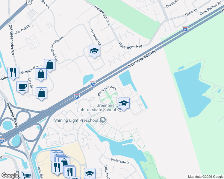 map of restaurants, bars, coffee shops, grocery stores, and more near 2006 Woodgate Arch in Chesapeake