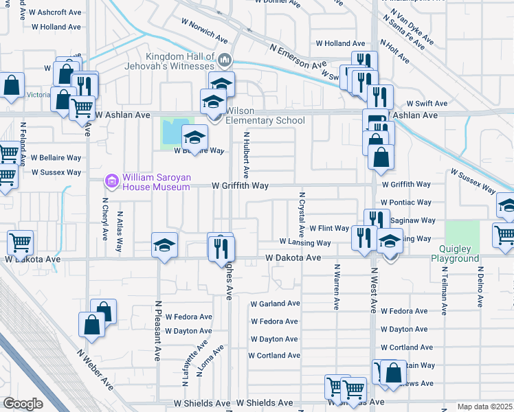 map of restaurants, bars, coffee shops, grocery stores, and more near 1923 West Pontiac Way in Fresno