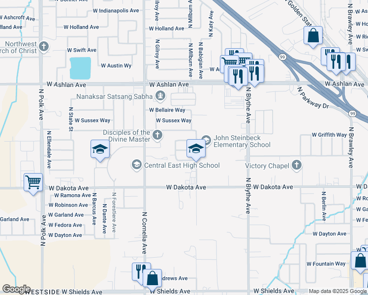 map of restaurants, bars, coffee shops, grocery stores, and more near 4648 West Saginaw Way in Fresno