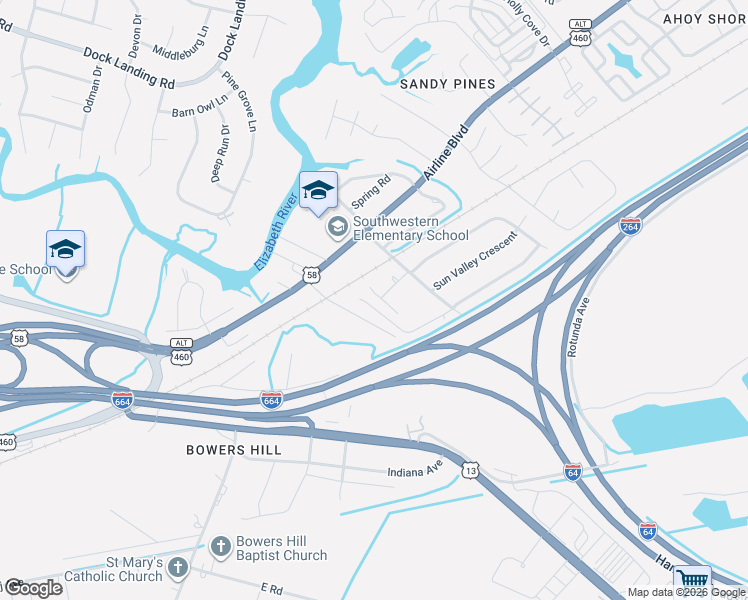 map of restaurants, bars, coffee shops, grocery stores, and more near 3910 Spring Meadow Crescent in Chesapeake