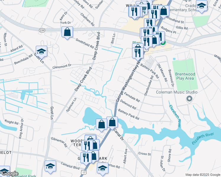 map of restaurants, bars, coffee shops, grocery stores, and more near 2520 Shamrock Garden Road in Chesapeake