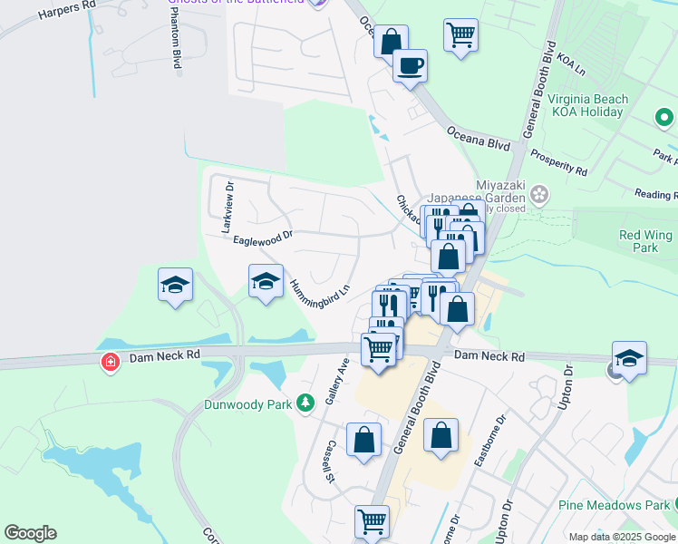 map of restaurants, bars, coffee shops, grocery stores, and more near 1508 Snowbird Court in Virginia Beach