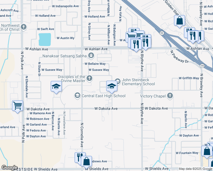 map of restaurants, bars, coffee shops, grocery stores, and more near 4648 West Saginaw Way in Fresno