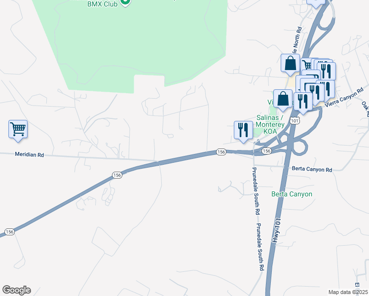 map of restaurants, bars, coffee shops, grocery stores, and more near 17350 California 156 in Salinas