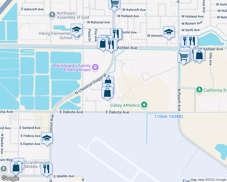 map of restaurants, bars, coffee shops, grocery stores, and more near 3922 North Ann Avenue in Fresno
