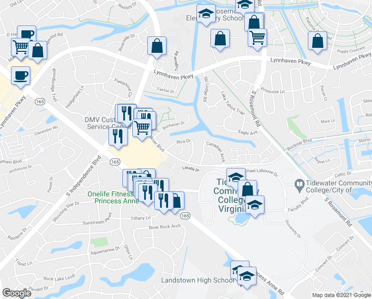 map of restaurants, bars, coffee shops, grocery stores, and more near 1314 Rica Court in Virginia Beach