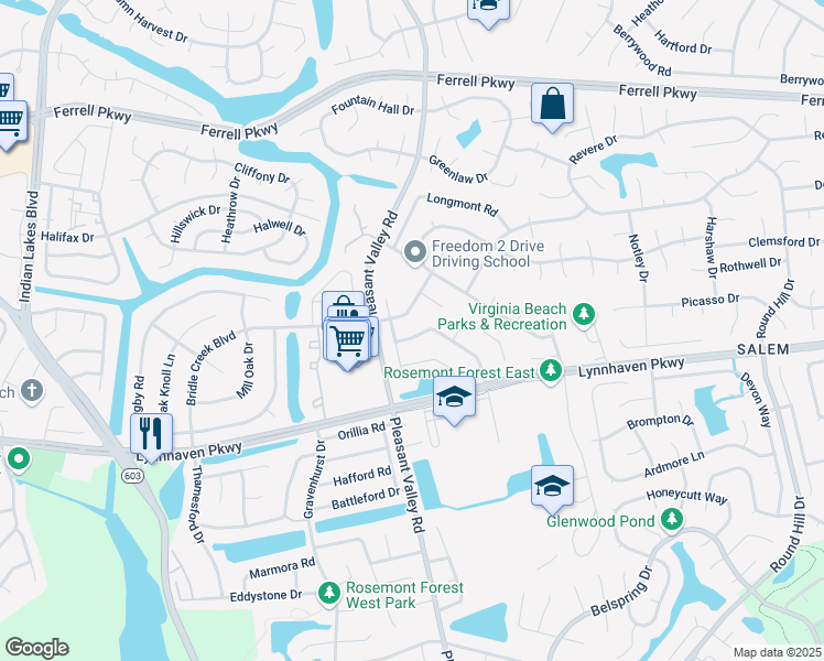 map of restaurants, bars, coffee shops, grocery stores, and more near 1246 Quarter Way in Virginia Beach