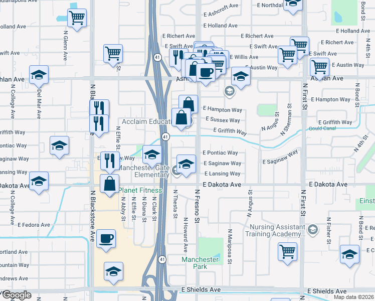 map of restaurants, bars, coffee shops, grocery stores, and more near 2420 East Pontiac Way in Fresno