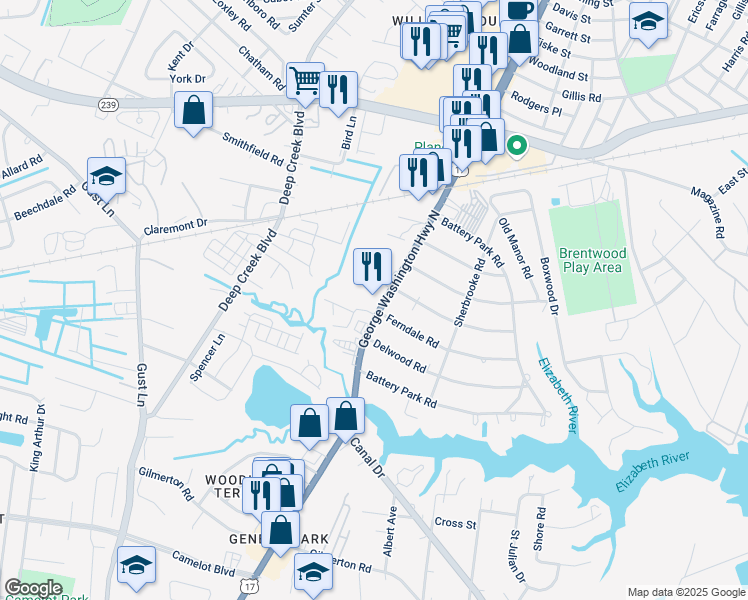 map of restaurants, bars, coffee shops, grocery stores, and more near 1312 George Washington Highway North in Chesapeake