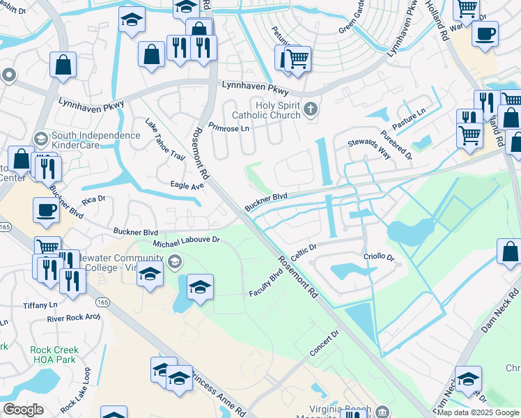 map of restaurants, bars, coffee shops, grocery stores, and more near 3597 Light Horse Loop in Virginia Beach