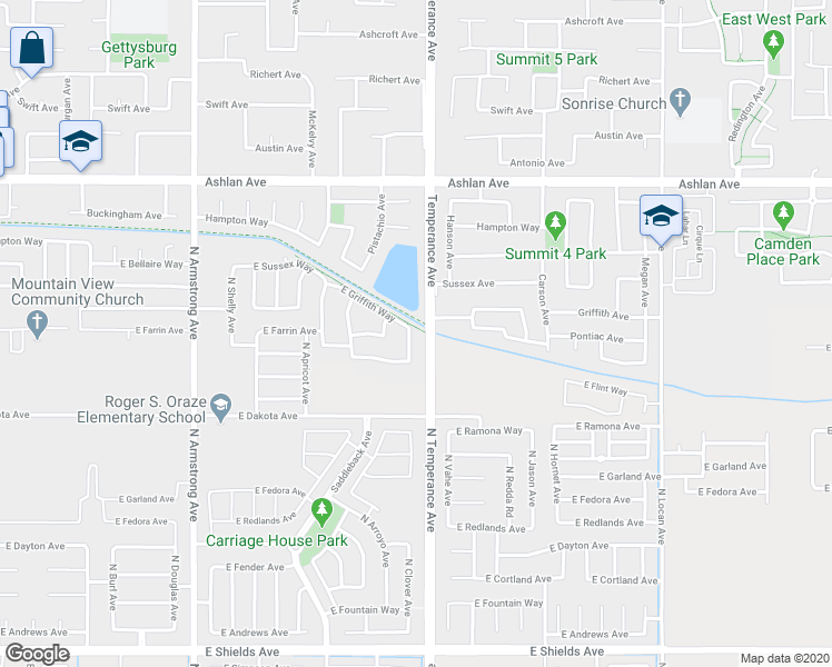 map of restaurants, bars, coffee shops, grocery stores, and more near 3690 North Clover Avenue in Fresno