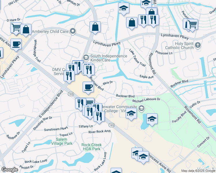 map of restaurants, bars, coffee shops, grocery stores, and more near 1320 Rica Court in Virginia Beach