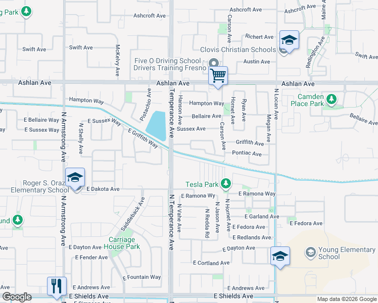 map of restaurants, bars, coffee shops, grocery stores, and more near 3550 Hanson Avenue in Clovis