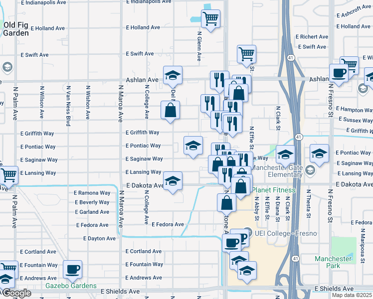 map of restaurants, bars, coffee shops, grocery stores, and more near 3950 North Del Mar Avenue in Fresno