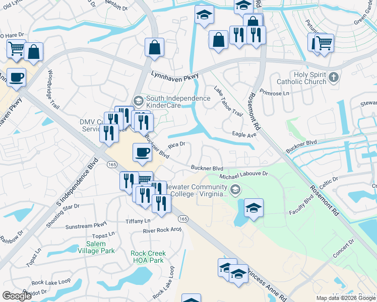map of restaurants, bars, coffee shops, grocery stores, and more near 1320 Rica Court in Virginia Beach
