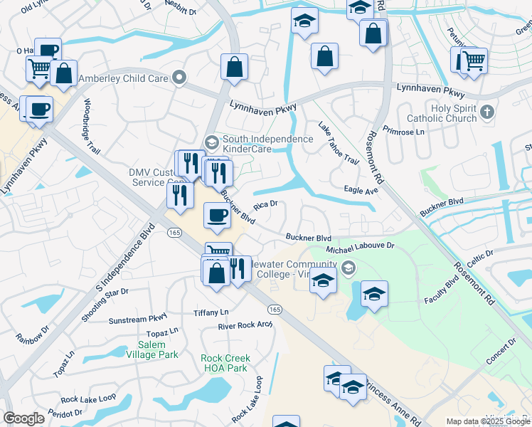 map of restaurants, bars, coffee shops, grocery stores, and more near 1320 Rica Court in Virginia Beach