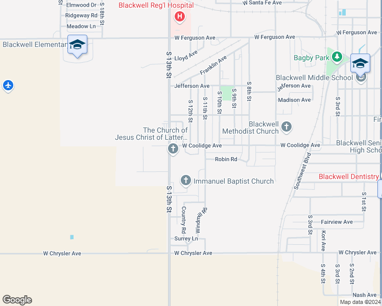 map of restaurants, bars, coffee shops, grocery stores, and more near 1301 West Coolidge Avenue in Blackwell