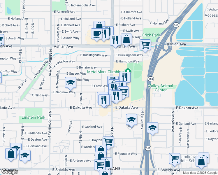 map of restaurants, bars, coffee shops, grocery stores, and more near 3910 North Cedar Avenue in Fresno