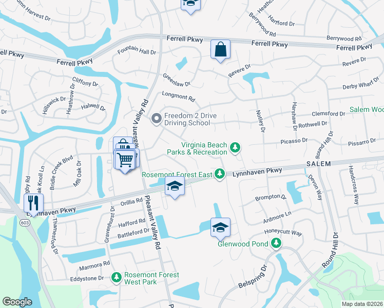 map of restaurants, bars, coffee shops, grocery stores, and more near 1625 Rodeo Drive in Virginia Beach