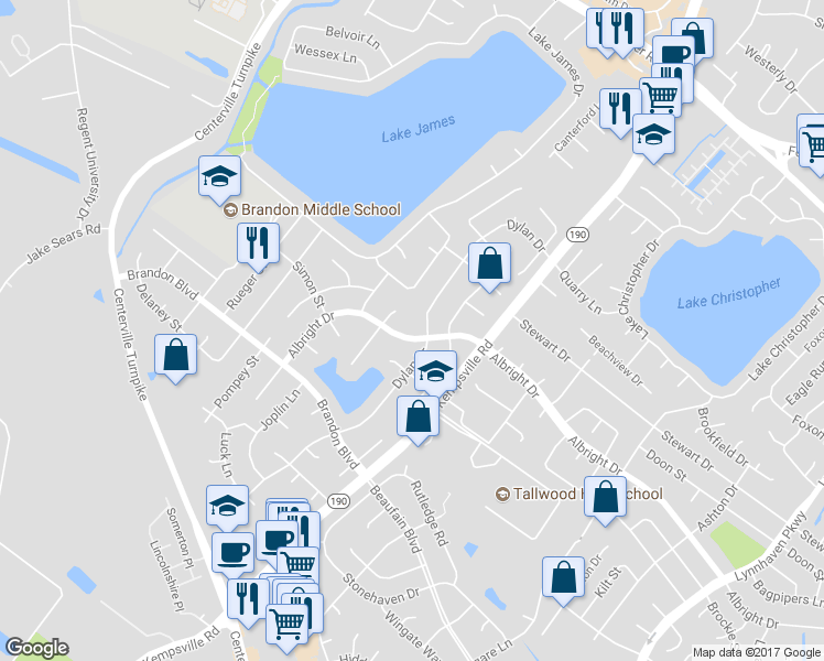 map of restaurants, bars, coffee shops, grocery stores, and more near 5628 Albright Drive in Virginia Beach