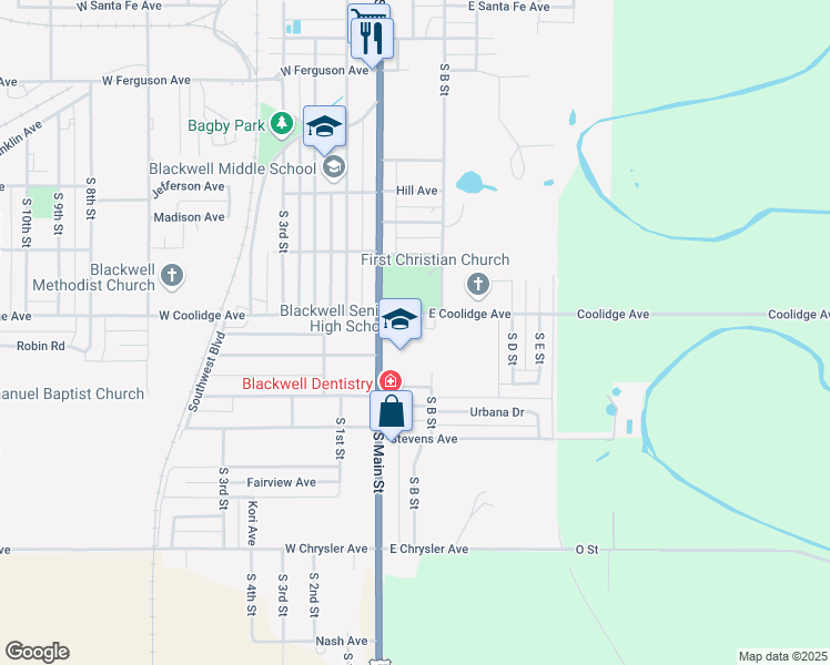 map of restaurants, bars, coffee shops, grocery stores, and more near 303 East Coolidge Avenue in Blackwell