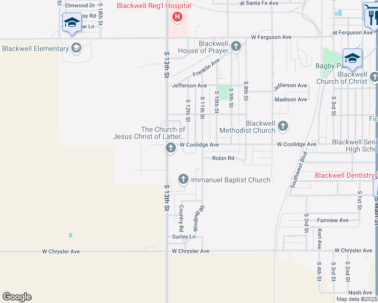 map of restaurants, bars, coffee shops, grocery stores, and more near 1301 West Coolidge Avenue in Blackwell