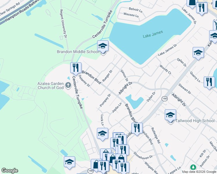 map of restaurants, bars, coffee shops, grocery stores, and more near 5678 Brandon Boulevard in Virginia Beach