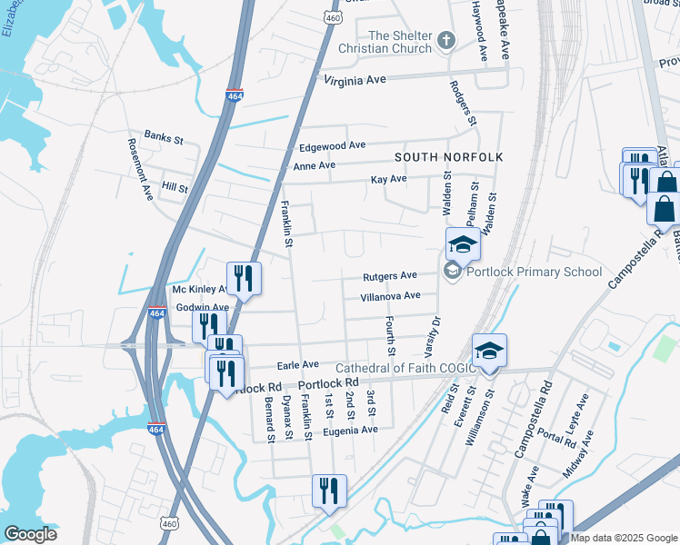 map of restaurants, bars, coffee shops, grocery stores, and more near 516 2nd Street in Chesapeake