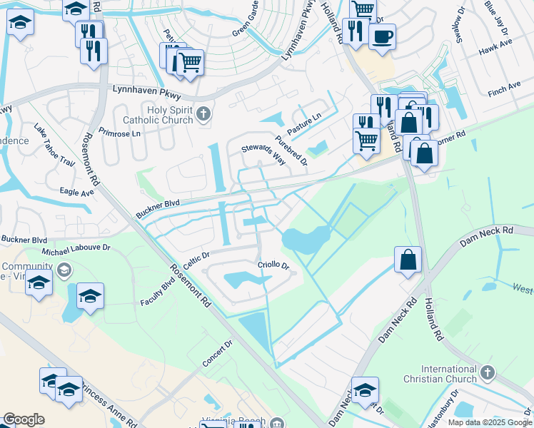 map of restaurants, bars, coffee shops, grocery stores, and more near 1501 Pony Court in Virginia Beach