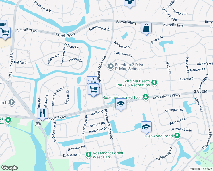 map of restaurants, bars, coffee shops, grocery stores, and more near 1618 High Plains Drive in Virginia Beach