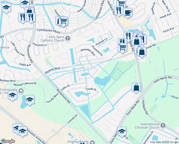 map of restaurants, bars, coffee shops, grocery stores, and more near 1501 Pony Court in Virginia Beach