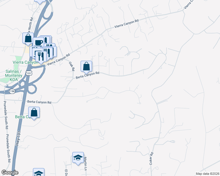 map of restaurants, bars, coffee shops, grocery stores, and more near 18431 Berta Ridge Place in Salinas