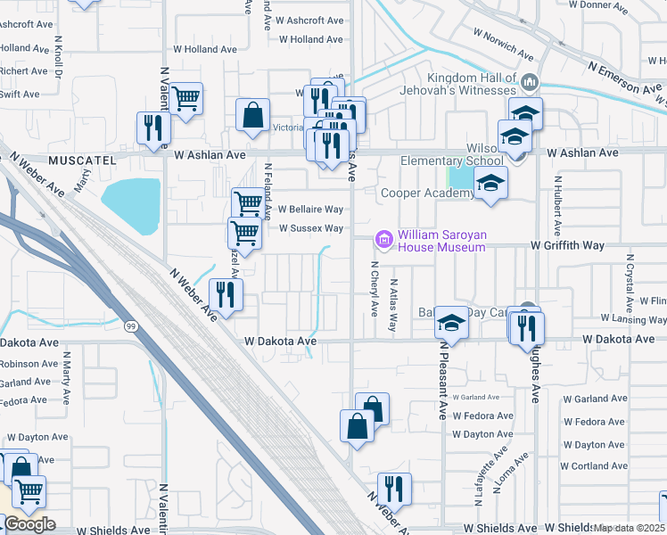 map of restaurants, bars, coffee shops, grocery stores, and more near 3037 West Pontiac Way in Fresno