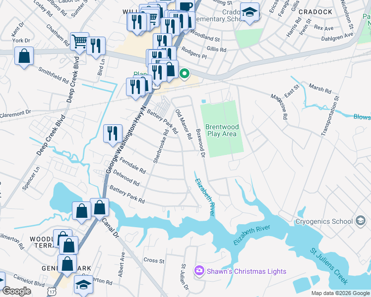map of restaurants, bars, coffee shops, grocery stores, and more near 2101 Battery Park Road in Chesapeake