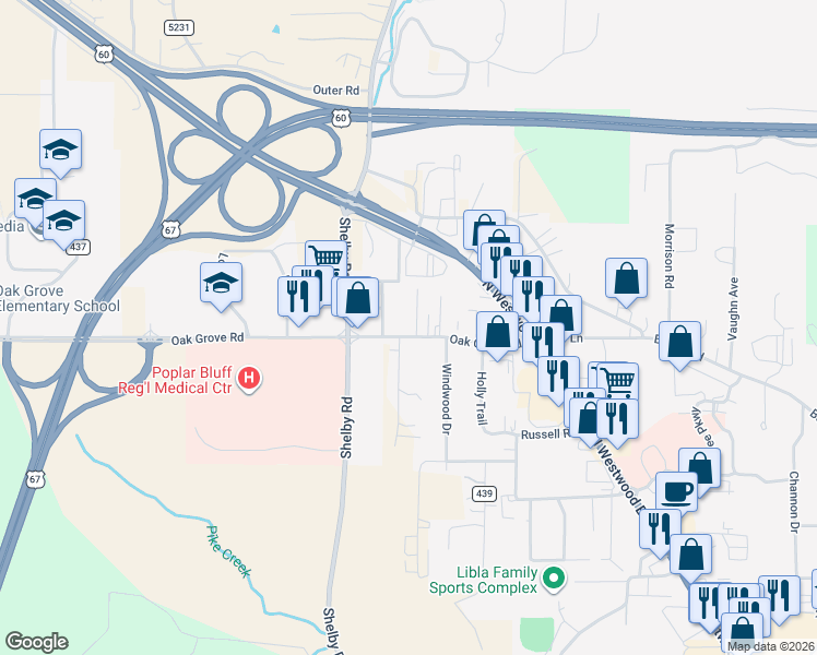 map of restaurants, bars, coffee shops, grocery stores, and more near 2908 County Road 438 in Poplar Bluff
