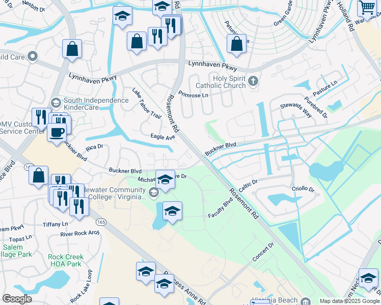 map of restaurants, bars, coffee shops, grocery stores, and more near 3405 Mackenzie Bay Lane in Virginia Beach