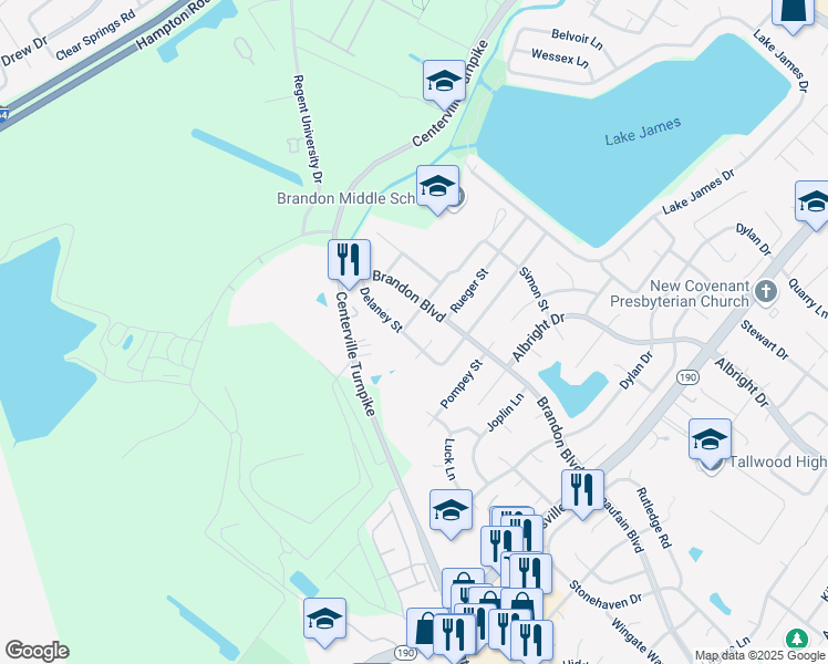 map of restaurants, bars, coffee shops, grocery stores, and more near 1844 Delaney Street in Virginia Beach