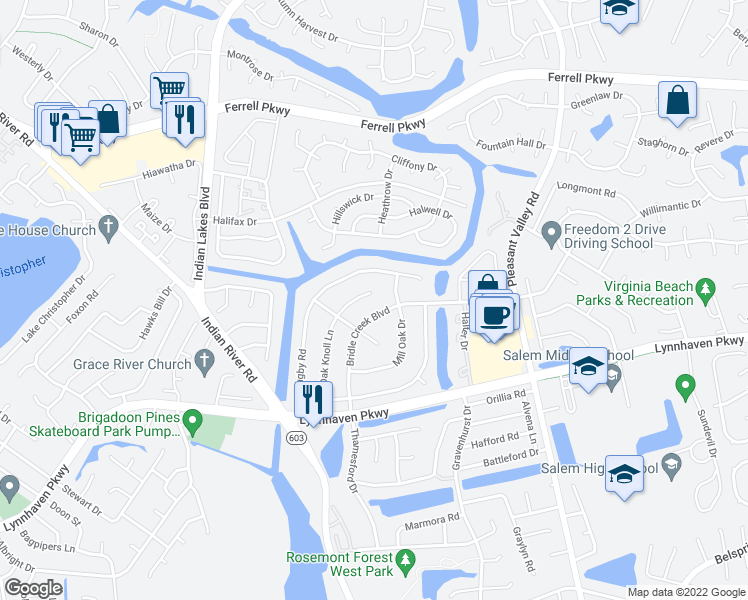 map of restaurants, bars, coffee shops, grocery stores, and more near 1406 Oak Knoll Court in Virginia Beach