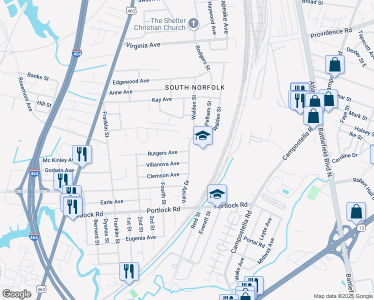 map of restaurants, bars, coffee shops, grocery stores, and more near 1900 Varsity Drive in Chesapeake