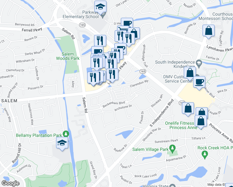 map of restaurants, bars, coffee shops, grocery stores, and more near 1664 Avalene Way in Virginia Beach