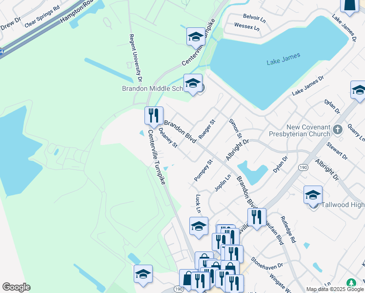 map of restaurants, bars, coffee shops, grocery stores, and more near 1844 Delaney Street in Virginia Beach