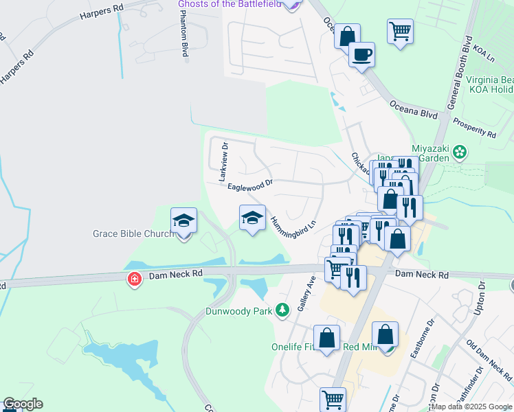 map of restaurants, bars, coffee shops, grocery stores, and more near 1584 Hummingbird Lane in Virginia Beach