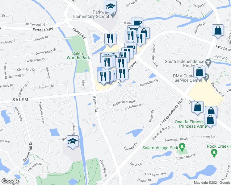 map of restaurants, bars, coffee shops, grocery stores, and more near 4564 Turnworth Arch in Virginia Beach