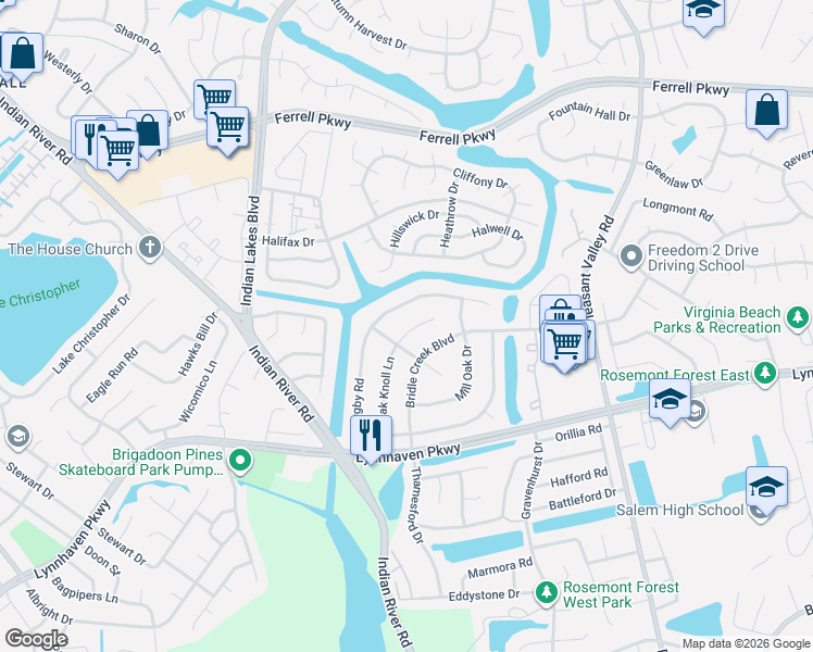map of restaurants, bars, coffee shops, grocery stores, and more near 1421 Oak Knoll Court in Virginia Beach