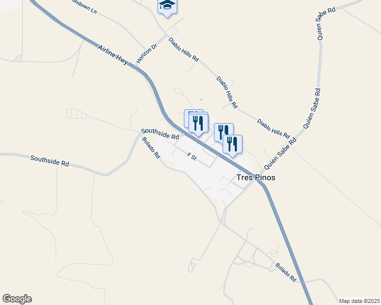 map of restaurants, bars, coffee shops, grocery stores, and more near 6881 F Street in Tres Pinos