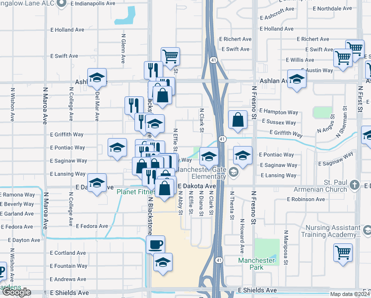 map of restaurants, bars, coffee shops, grocery stores, and more near 1953 East Saginaw Way in Fresno