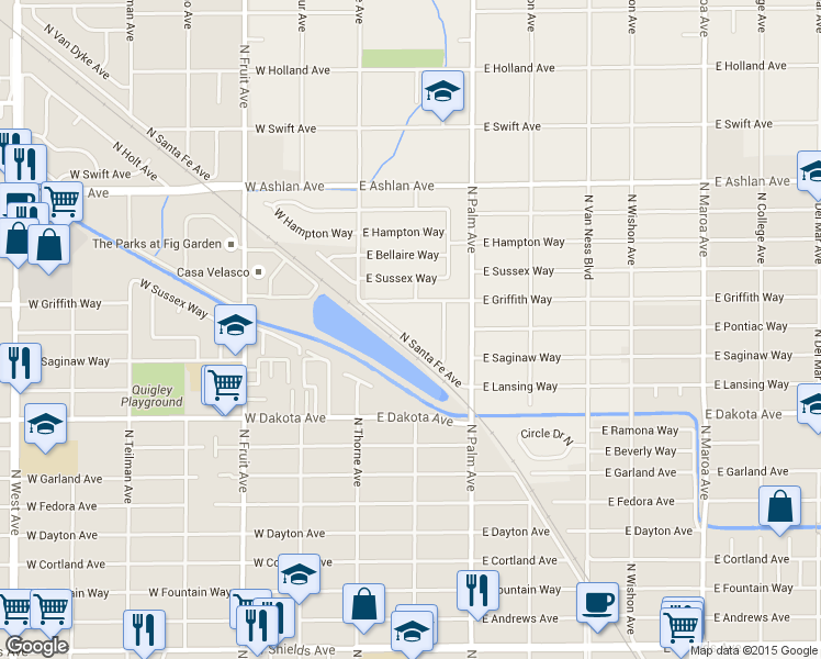 map of restaurants, bars, coffee shops, grocery stores, and more near 3910 North Santa Fe Avenue in Fresno