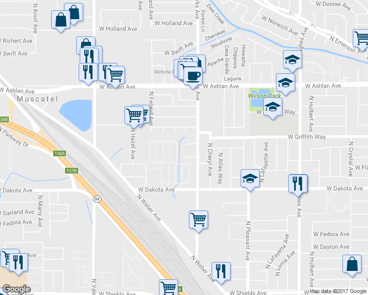 map of restaurants, bars, coffee shops, grocery stores, and more near 3048 West Saginaw Way in Fresno