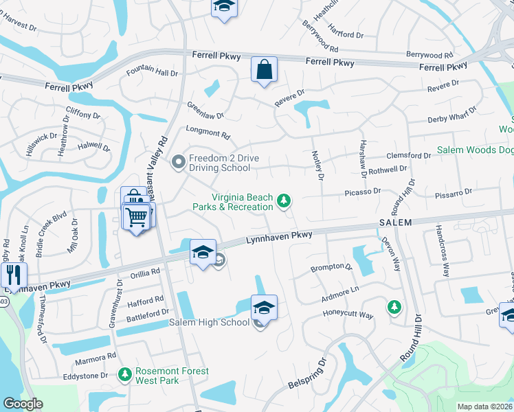 map of restaurants, bars, coffee shops, grocery stores, and more near 4888 Boxford Road in Virginia Beach